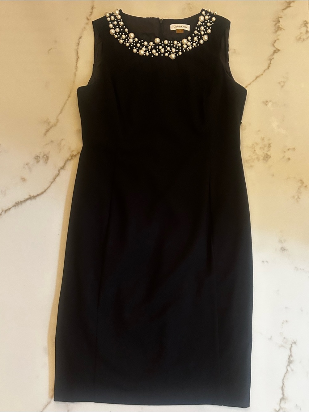 Calvin Klein Black Dress w/ Pearl Beading on Collar Cocktail Dress a Slit in bck